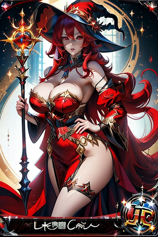 Trading card of (masterpiece, best quality:1.2), 1girl, solo, sorceress, dragons crown, red eyes, long hair, red hair, hat, dress, large lips, staff, detached sleeves, bare shoulders, cleavage, side slit, strapless dress, (huge breasts:1.3), blank background, black background