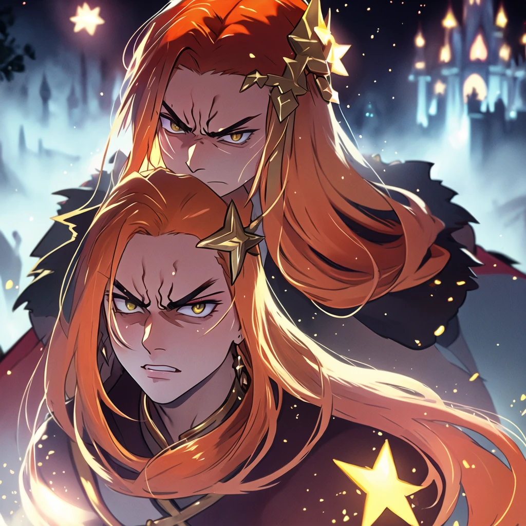 (masterpiece, top quality, best quality, beautiful, and aesthetic:1.2) portrait shot, posing, leonida5, orange hair, 1boy, looking at viewer, angry star, fantasy castle gates