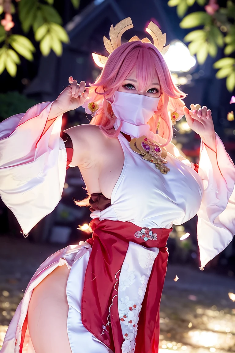 (Extreme Detail CG Unity 8K wallpaper, masterpiece, highest quality), (ulzzang-6500-v1.1:0.4) 1girl, kpop idol, yae miko, detached sleeves, pink hair, long hair, best quality, (photorealistic:1.2), (hair ornament:1.35), jewelry, fox ears, wearing face veil, (white face veil, silk mask veil:1.2), purple eyes, earrings, (very huge round breasts, big breasts: 1.2), torii, cherry blossoms, lantern light, depth of field, detailed face, face focus, (looking at viewer:1.25), shiny skin, long sleeves, cowboy shot, dynamic pose, (bending forward, Show the armpits, sexypose:1.3), game cg, thigh highs, east asian architecture, blurry background, full body, elegant posture, focused expression, outdoor shrine setting, fantasy style,