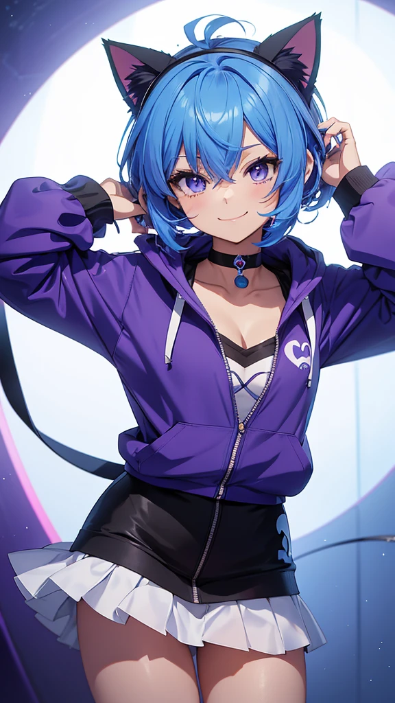 The image depicts an anime-style character with blue hair, a purple hooded outfit, a white cheer skirt, and a black choker. It has cat ears. The character has a smiling expression and is facing the viewer.