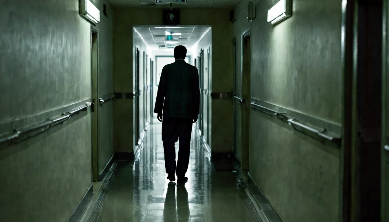 hospital corridor, in the background macabre doctor with his back to the camera, environment, dark, sinister
