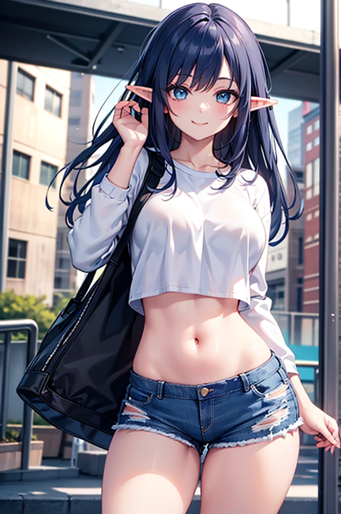 realistic image, coherent image, detailed image, 1 beautiful elf, She has long dark blue hair, long eyelashes. Greenish blue eyes. Her face is oval and delicate, smiling. She is wearing a long-sleeved t-shirt, showing her navel, ripped shorts, and sneakers. She has a curvy body, medium breasts, thick thighs, urban background, surrounded by buildings, natural lighting, volumetric lighting,