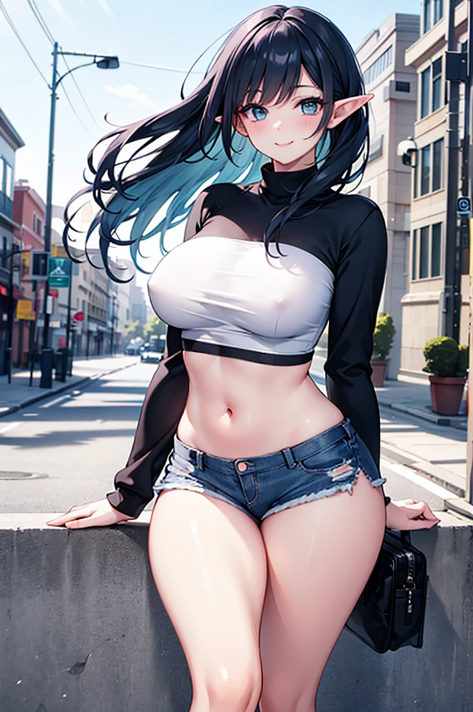 realistic image, coherent image, detailed image, 1 beautiful elf, She has long dark blue hair, long eyelashes. Greenish blue eyes. Her face is oval and delicate, smiling. She is wearing a long-sleeved t-shirt, showing her navel, ripped shorts, and sneakers. She has a curvy body, medium breasts, thick thighs, urban background, surrounded by buildings, natural lighting, volumetric lighting,