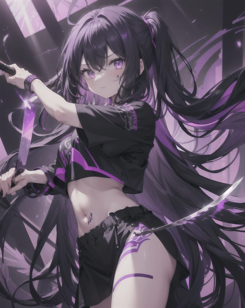 1 girl, long hair, messy hair, black hair, holding a knife, purple eyes, shadow hunter, blood, tattoo on left stomach, purple light particles, purple light rays, wallpaper, tall body, dark purple color, mysterious, strong, cropped shirt