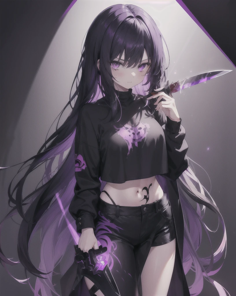 1 girl, long hair, messy hair, black hair, holding a knife, purple eyes, shadow hunter, blood, tattoo on left stomach, purple light particles, purple light rays, wallpaper, tall body, dark purple color, mysterious, strong, cropped shirt