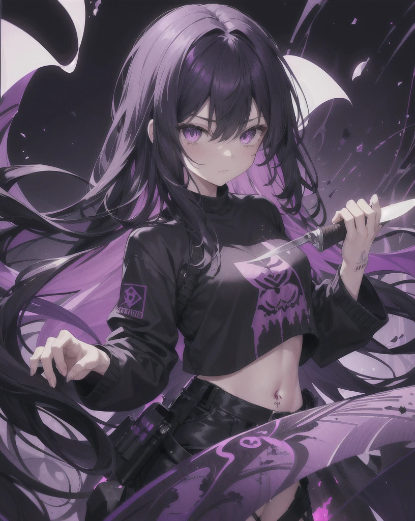 1 girl, long hair, messy hair, black hair, holding a knife, purple eyes, shadow hunter, blood, tattoo on left stomach, purple light particles, purple light rays, wallpaper, tall body, dark purple color, mysterious, strong, cropped shirt