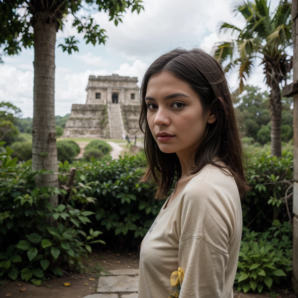 Adobe Firefly Prompt: A woman, yellow shirt, portrait shot of the picture 20 mm short 4K + 8k beautiful place fully digital lightPhotography, shot taken with a Nikon D850 with a 35mm lens of a 35year old female jungle explorer dressed in traditional cloths, emerging from the jungle into a open tropical plain with a Mayan temple ruin in the distance. --ar 3:2 --v 5200 mm 