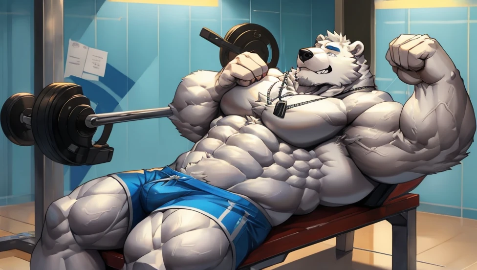  One tall Polar Bear with big muscular body in a huge white fur shirtless and ??????? with light blue shorts and a dog tag on his neck, veiny, pumping ????? bench press 