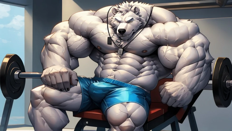 One tall Polar Bear with big muscular body in a huge white fur shirtless and topless with light blue shorts and a dog tag on his neck, veiny, pumping chest bench press