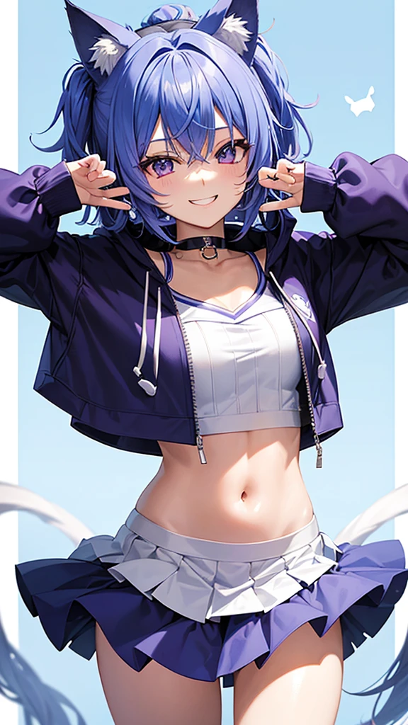 The image depicts an anime-style character with blue hair, a purple hooded outfit, a white cheer skirt, and a black choker. It has cat ears. The character has a smiling expression and is facing the viewer.
