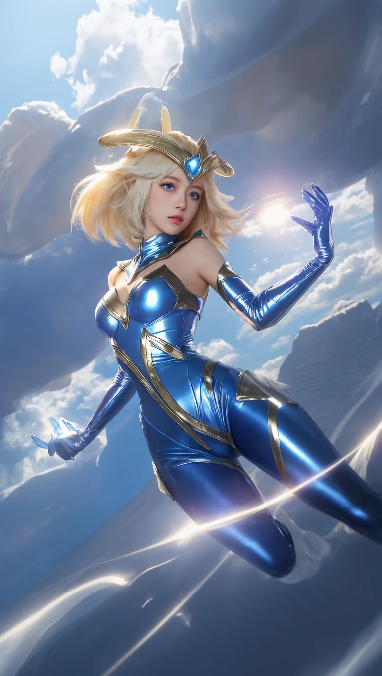 realistic zero suit samus, blonde hair, blue eyes , (masterpiece), galaxy background, zero suit samus using laser whip, blue suit, fighting, super smash bros zero suit samus