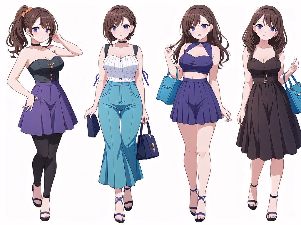 (((Best Quality))) , ((full body)), 4 lady, adult woman, multiple views, (((white background,))) variety of hairstyles, variety of fashion styles, seductive pose, fashionable and trendy atmosphere, holding bag, summer outfits, walk pose, dark blue/dark orange/dark green/dark violet/brown/white, short pants, bustier,
