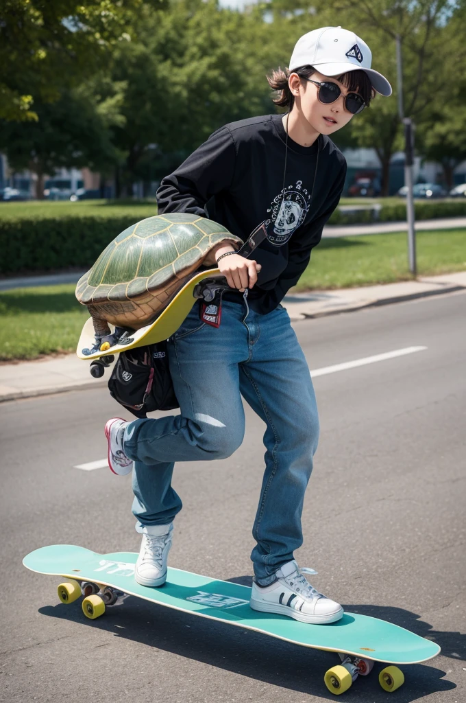 Cute turtle riding a skateboard