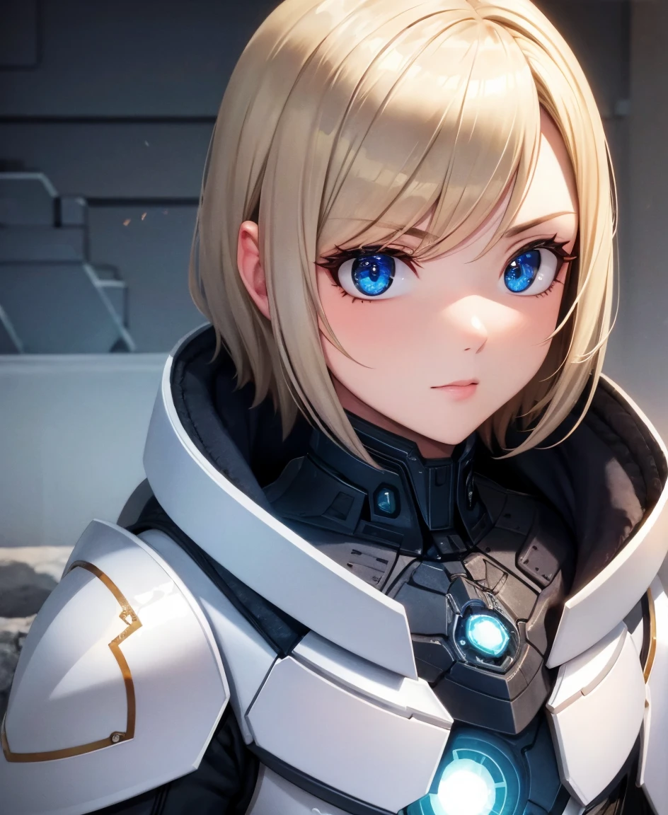 8K, Highest quality, (real:1.4), Original photo, 1 girl, Asari Hair, Biological Amplifier, refined armor, posture: Peace talks between warring factions, smart blue eyes