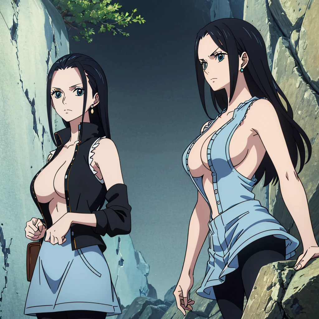 (Best quality, 8k, high resolution, masterpiece:1.2), Ultra detailed, Anime art style, Fine details, Dynamic angles, Black Hair, Big breasts,20s women's style, mature women, glamour,Beautiful character design, Perfect eyes, Perfect face, Expressive eyes, Perfect balance, (Earrings, Jewelry, Denim Dress, Open Vest, Black Pantyhose, Black Shirt, Denim Skirt), Looking at viewer, In the center of the image, Cowboy shot, ((standing)) alone (((no nudity))))