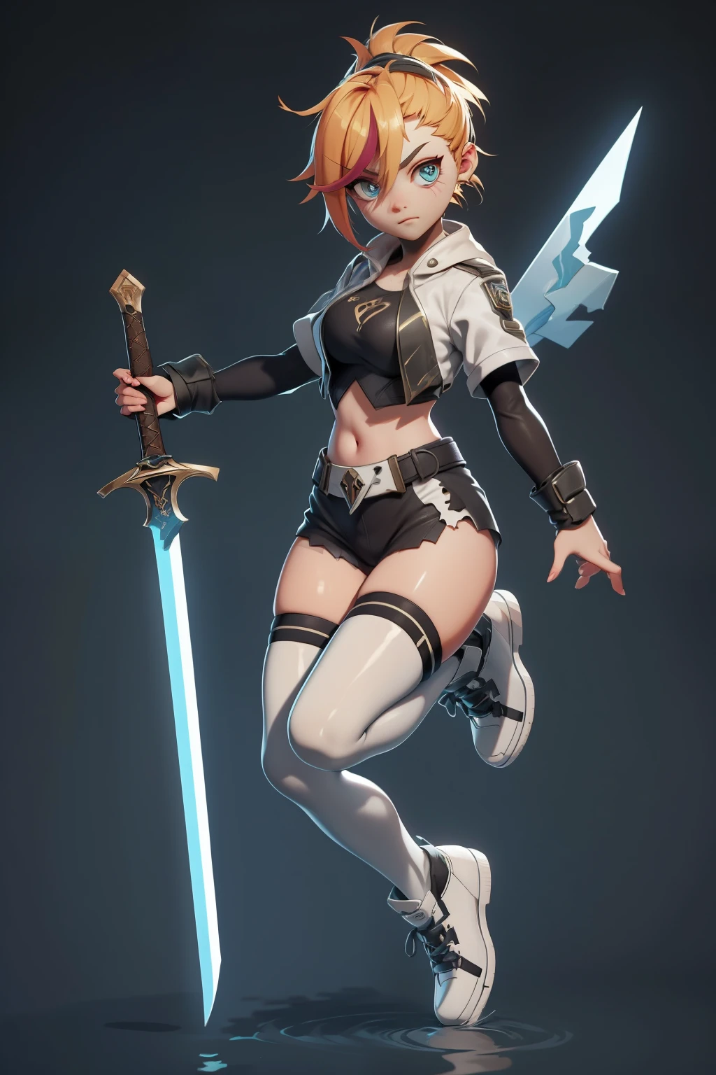 Mini cammy, ultra long ponytail hair , ultra detailed face, solo, ray tracing, 3D style, 3DMM, ((3 poses per photo)), ((3 poses ouch cada foto)), fully body,(Front view),(Costas Issue), (Emist on the left), show flat belly, (((3 poses per photo))),(very big tits), perfect tummy, perfect and symmetrical eyes, (perfect hands), ((Futuristic sword in hand)), ((short hair)),((Open wizard clothes)),white clothing with textured edges, skin fair, luouchas detalhadas, White thigh-high tights with trim, ouchestido aberto ouch "ouch", Waist slender, big legs, low water, Show legs to the top of the waist, (broken fabric falling over the legs),((open top)),ultra realistic skin, realistic human eyes