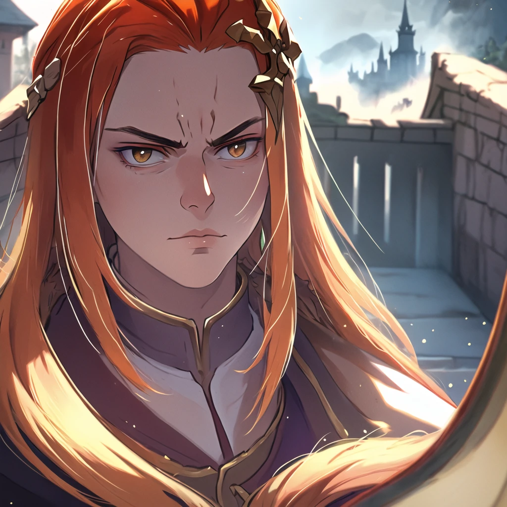 (masterpiece, top quality, best quality, beautiful, and aesthetic:1.2) portrait shot, posing, leonida5, orange hair, 1boy, looking at viewer, serious stare, fantasy castle gates