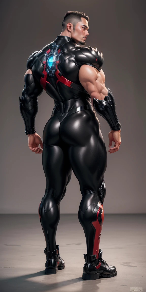 The large back view of a particularly tall,big ??? giant, and muscular hero，full mustache, Glossy Black Nano Mecha Network Pattern Solo, Male Focus, 1boy, Omniman, deadpan, , Looking at Viewer, thirn clothes black and red (????????), muscular guy, burly, hunk, Hot, big shoulders, musculature、big ?????, (hyperdetailed face) round ????????, expression serious, Valiant male pose, senior hero officer, muscular！Charming leg muscles，High, burly, Heqiang，  Super gain and cool， high resolution committee， The big feet of shiny black ultra-thin nano-mechanical boots，Charming strong man，The bright sunshine is shining on you，matte particles，shiny texture