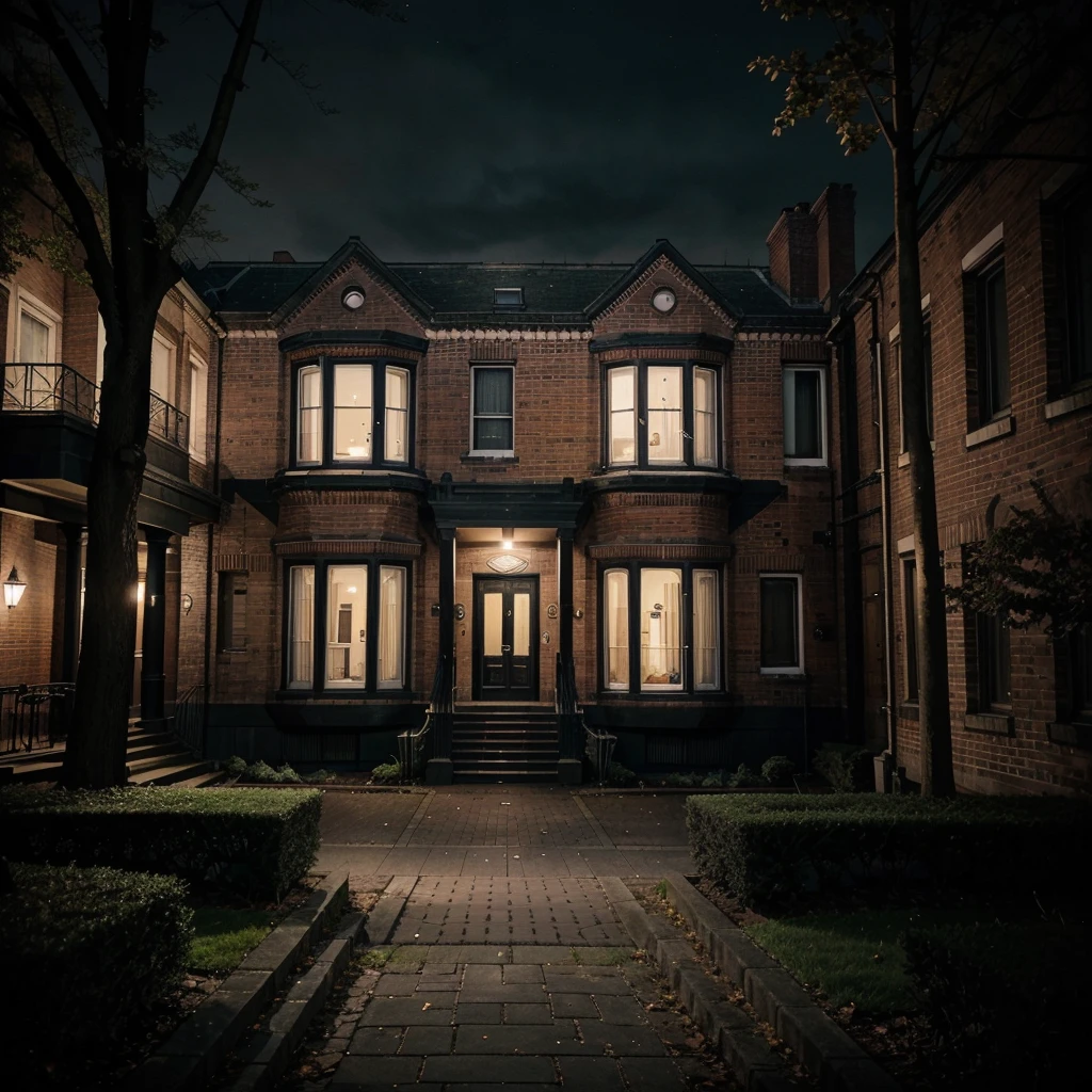 A picture of the o block with its typical buildings. The picture should look spooky because of the darkness and it should be usable as a background image. However, try to make it recognizable that it is the parkway gardens by adding some park and the houses should have the typical red brick