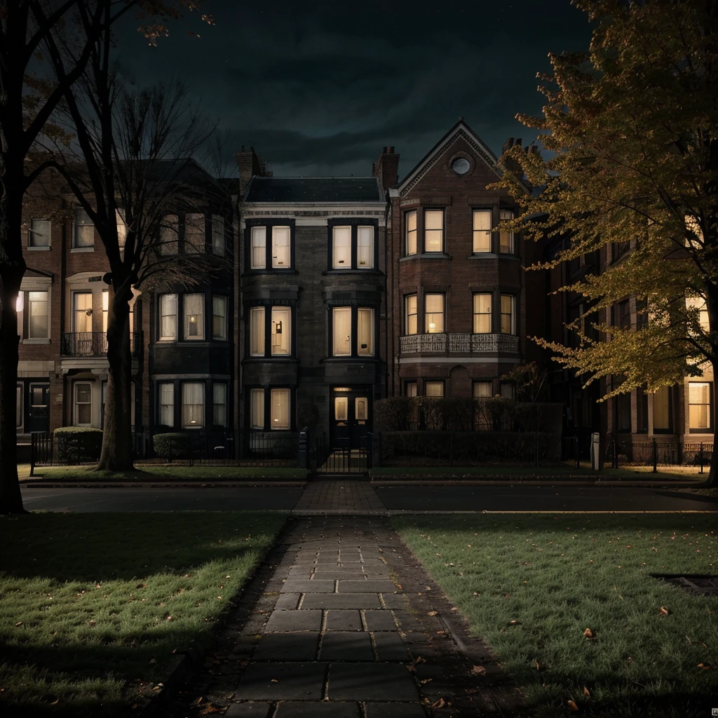 A picture of the o block with its typical buildings. The picture should look spooky because of the darkness and it should be usable as a background image. However, try to make it recognizable that it is the parkway gardens by adding some park and the houses should have the typical red brick