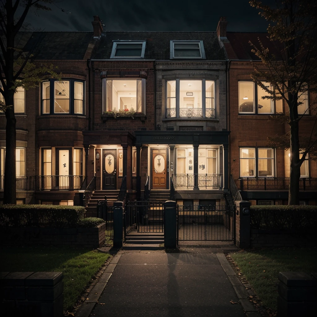 A picture of the o block with its typical buildings. The picture should look spooky because of the darkness and it should be usable as a background image. However, try to make it recognizable that it is the parkway gardens by adding some park and the houses should have the typical red brick