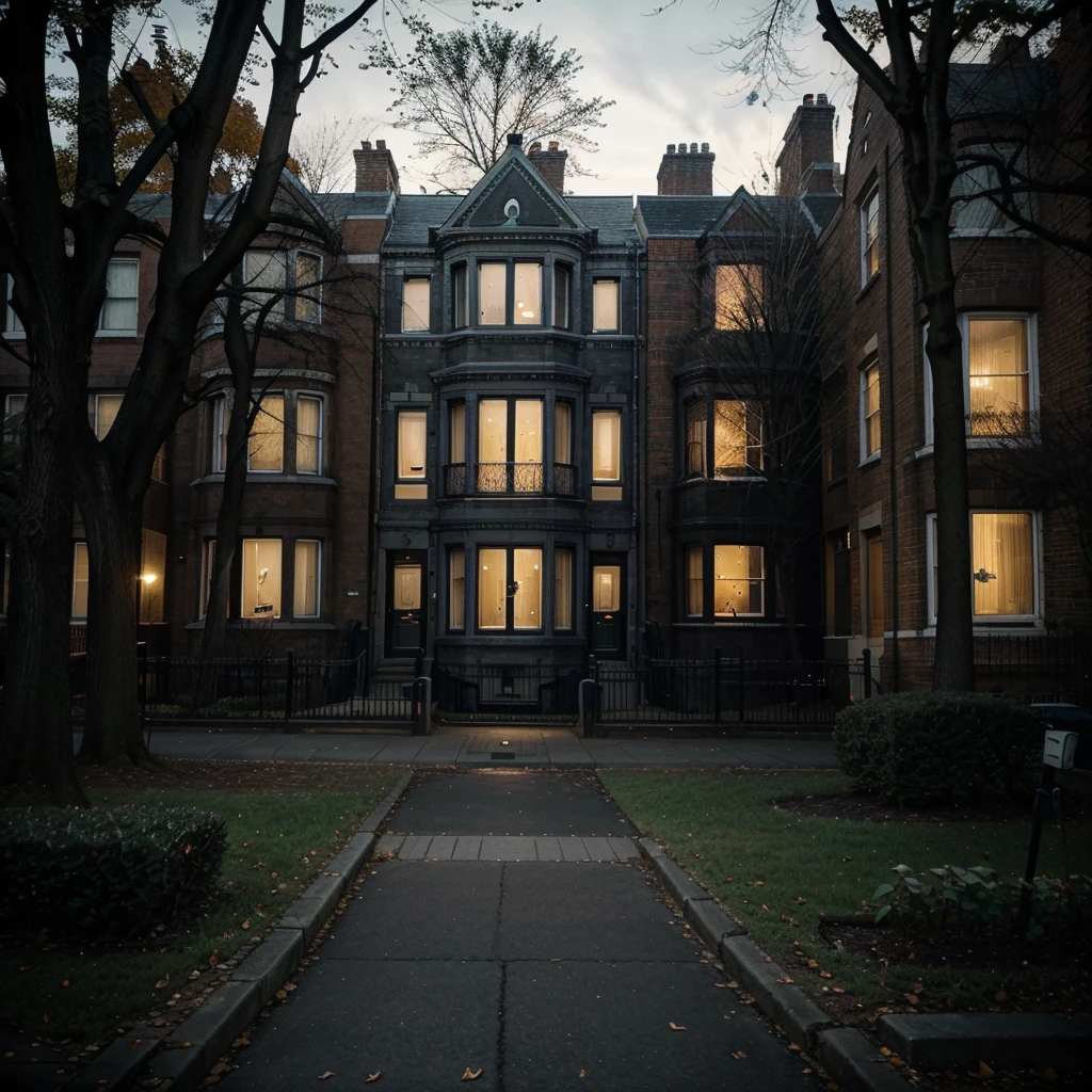 A picture of the o block with its typical buildings. The picture should look spooky because of the darkness and it should be usable as a background image. However, try to make it recognizable that it is the parkway gardens by adding some park and the houses should have the typical red brick