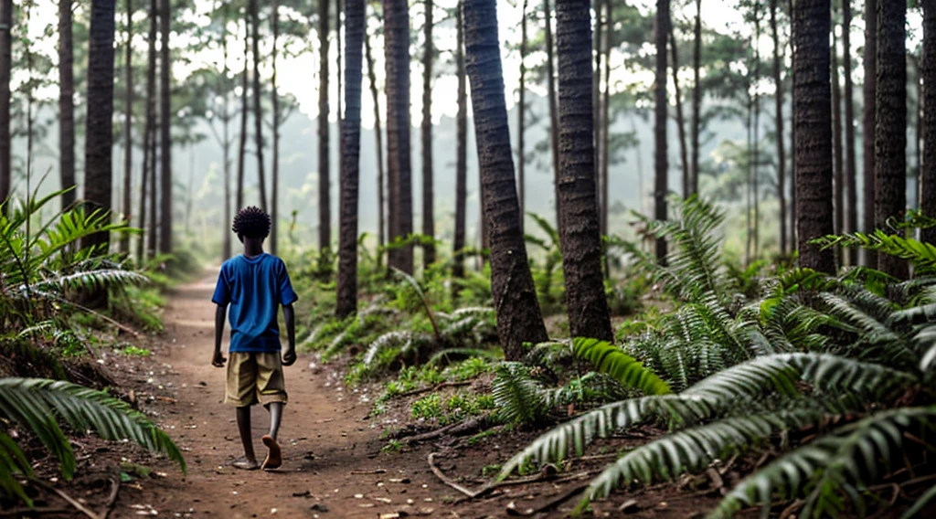 Image of a black male quilombola boy, 12 years old - wears a worn-out faded dark blue shirt - no pattern - short curly hair - wears faded matte red pants - lonely, lives running in the forest - DOES NOT wear shoes - bare feet - has his back to the camera - lives alone in the forest - narrow ground, steps barefoot on the undergrowth - natural ground - a butterfly flies by his side