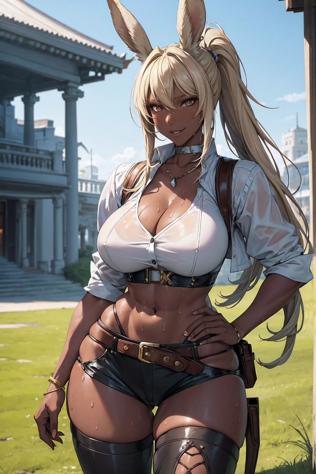 (masterpiece), best quality, highly detailed faces, (SHARP details), 4k, highly detailed, expressive eyes, SHARP detail expressive eyes, (SHARP detail perfect face), ((dark skin)), (bunny ears), (viera), ((blonde hair)), amber eyes, ponytail, wild tomboy hair, smiling, standing, (wearing gunslinger outfit), 20 years old, cleavage, ((solo)), nice hips, curvy, tall woman, ((sweat)), outdoors, (wearing white button shirt), (white cowboy hat), white short skirt, thighhigh boots, (cowboy), belt, gunholster in belt, (wearing white tight vest), piercings, midriff, (female cowboy), earrings on bunny ears, (full body shot),