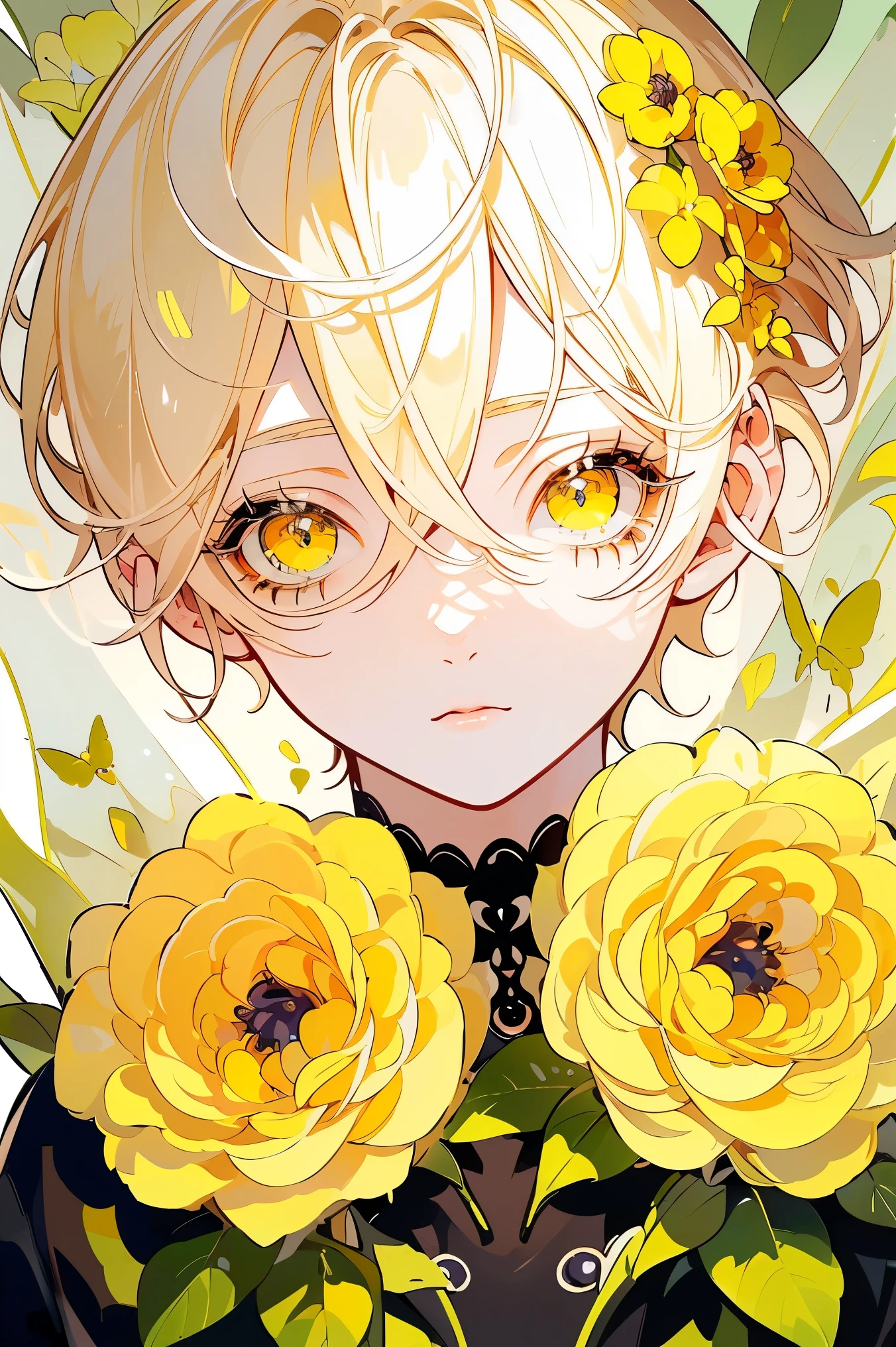 (Mastepiece), (Best Quality), Very detailed, 1 boy, Solo Shooting, Perfect Face, Beautiful Face, Very detailedな顔，(Blonde:1.3)，(short hair:1.4)、(Big eyes:1.4)，(Long eyelashes:1.4)、(Yellow Eyes:1.3)、Lots of flowers、petal、butterfly々
