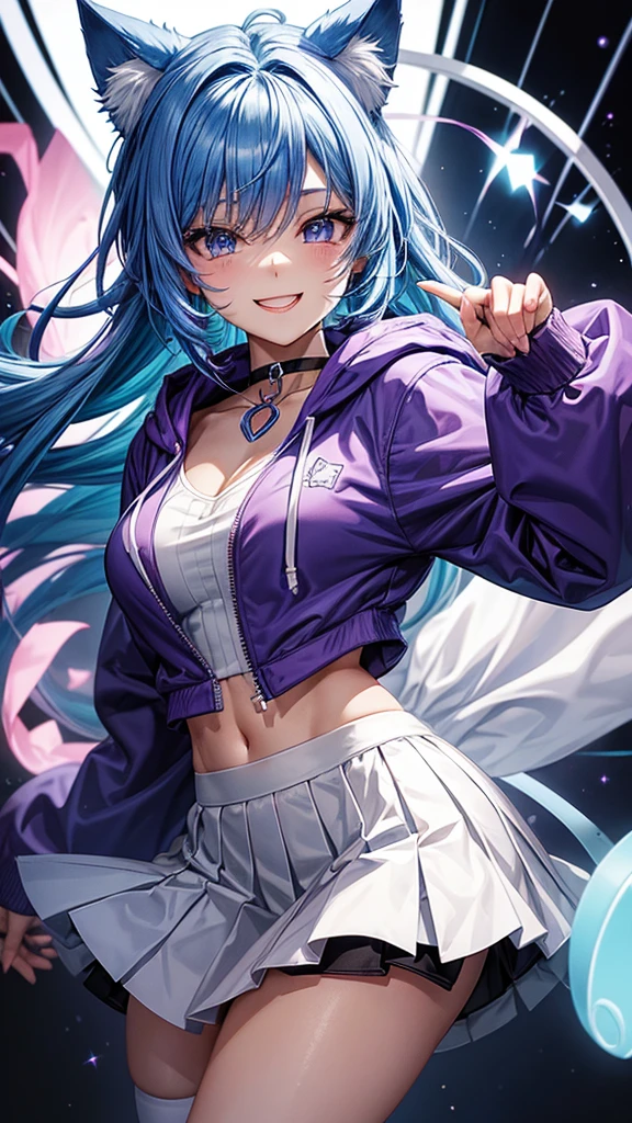 The image depicts an anime-style character with blue hair, a purple hooded outfit, a white cheer skirt, and a black choker. It has cat ears. The character has a smiling expression and is facing the viewer.