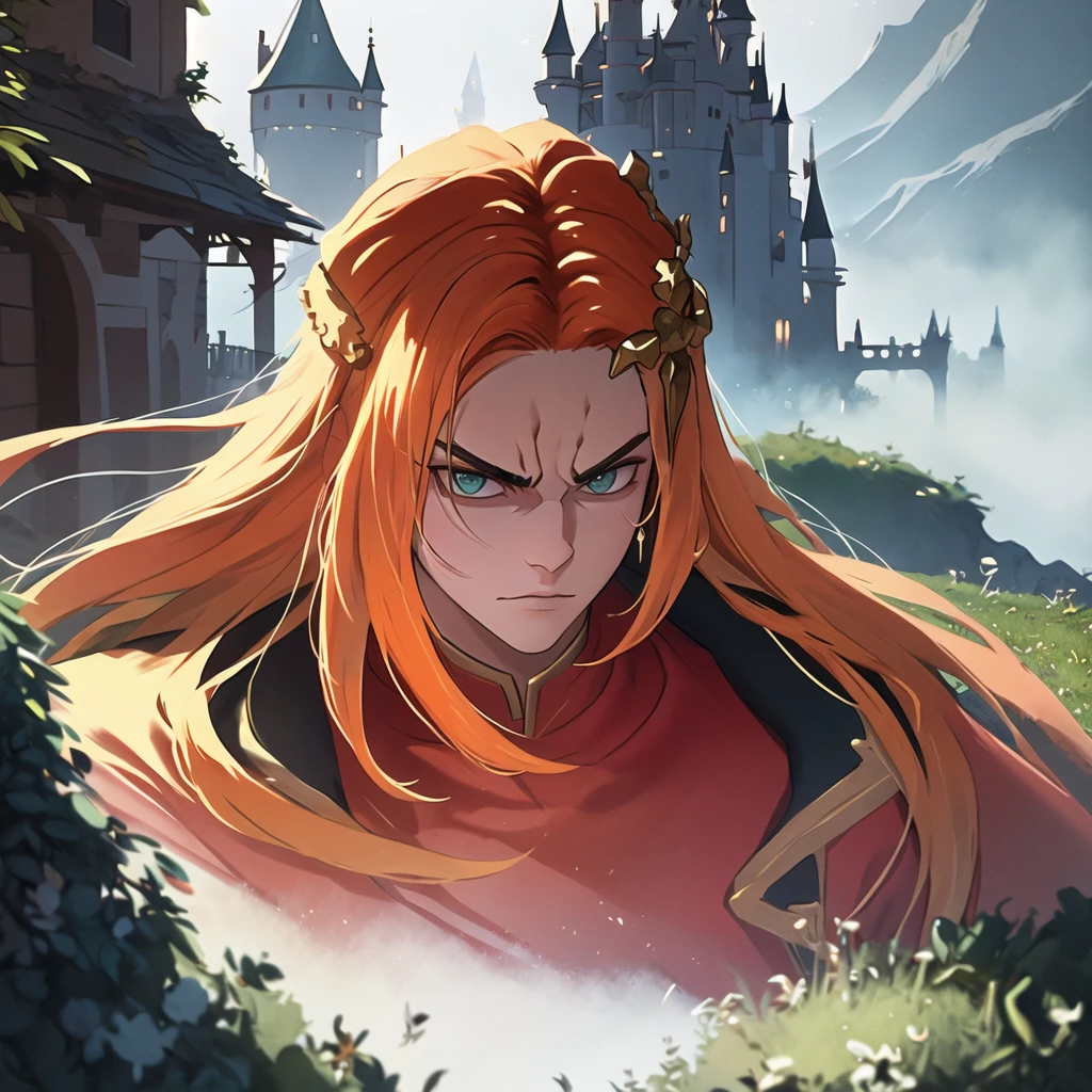 (masterpiece, top quality, best quality, beautiful, and aesthetic:1.2) portrait shot, posing, leonida5, orange hair, 1boy, looking at viewer, serious stare, fantasy castle gates