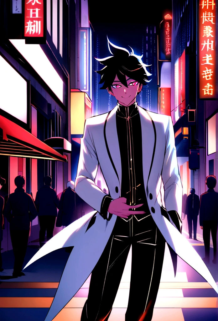 A boy, transformed into an anime style, with exaggerated unique facial features and clothing, standing on a bustling city street, backlit background highlighting the subject, high-contrast colors, 4K high-definition quality,young, smiling, handsome