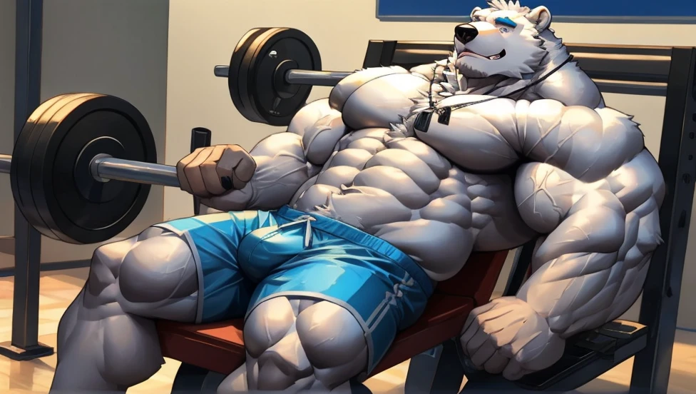  One tall Polar Bear with big muscular body in a huge white fur shirtless and topless with light blue shorts and a dog tag on his neck, veiny, pumping chest bench press 