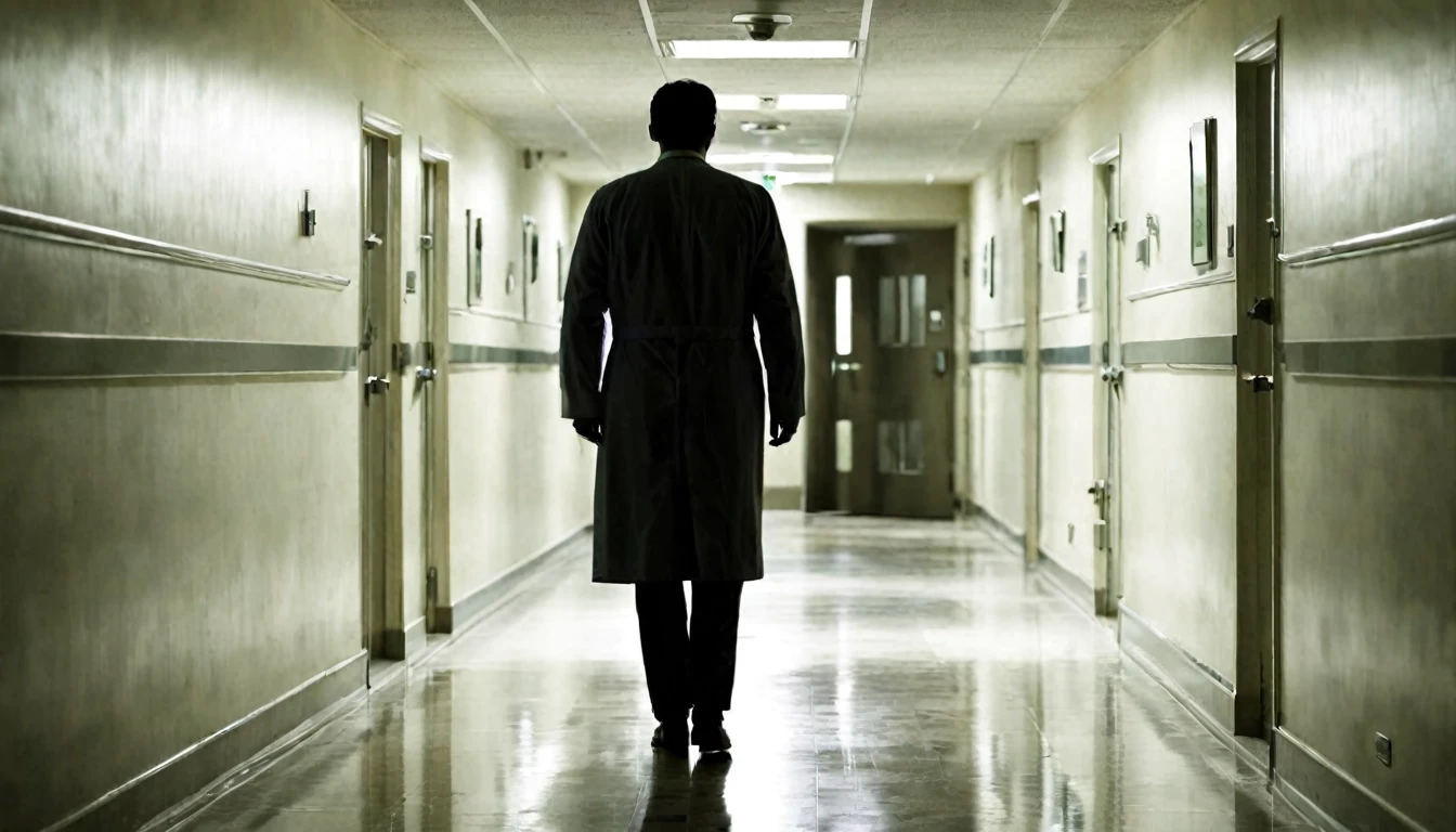 hospital corridor, macabre doctor with his back to the camera, environment, dark, sinister