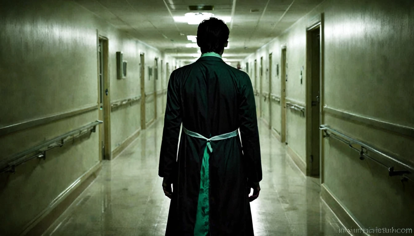 hospital corridor, macabre doctor with his back to the camera, environment, dark, sinister