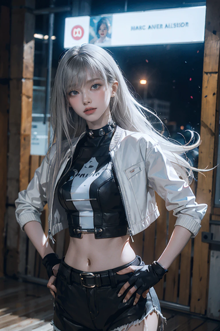 (masterpiece), Highest quality, Expressive eyes, Perfect Face, High resolution, One Girl, alone, Gray Hair, Jacket, Ahoge, Fingerless gloves, abdomen, panties, crack, Please put your hands on your hips, Leaning forward, smile, Fantasy Background, particle, magic, Are standing,Cowboy Shot, Looking at the audience, from the front,night, Abandoned City,