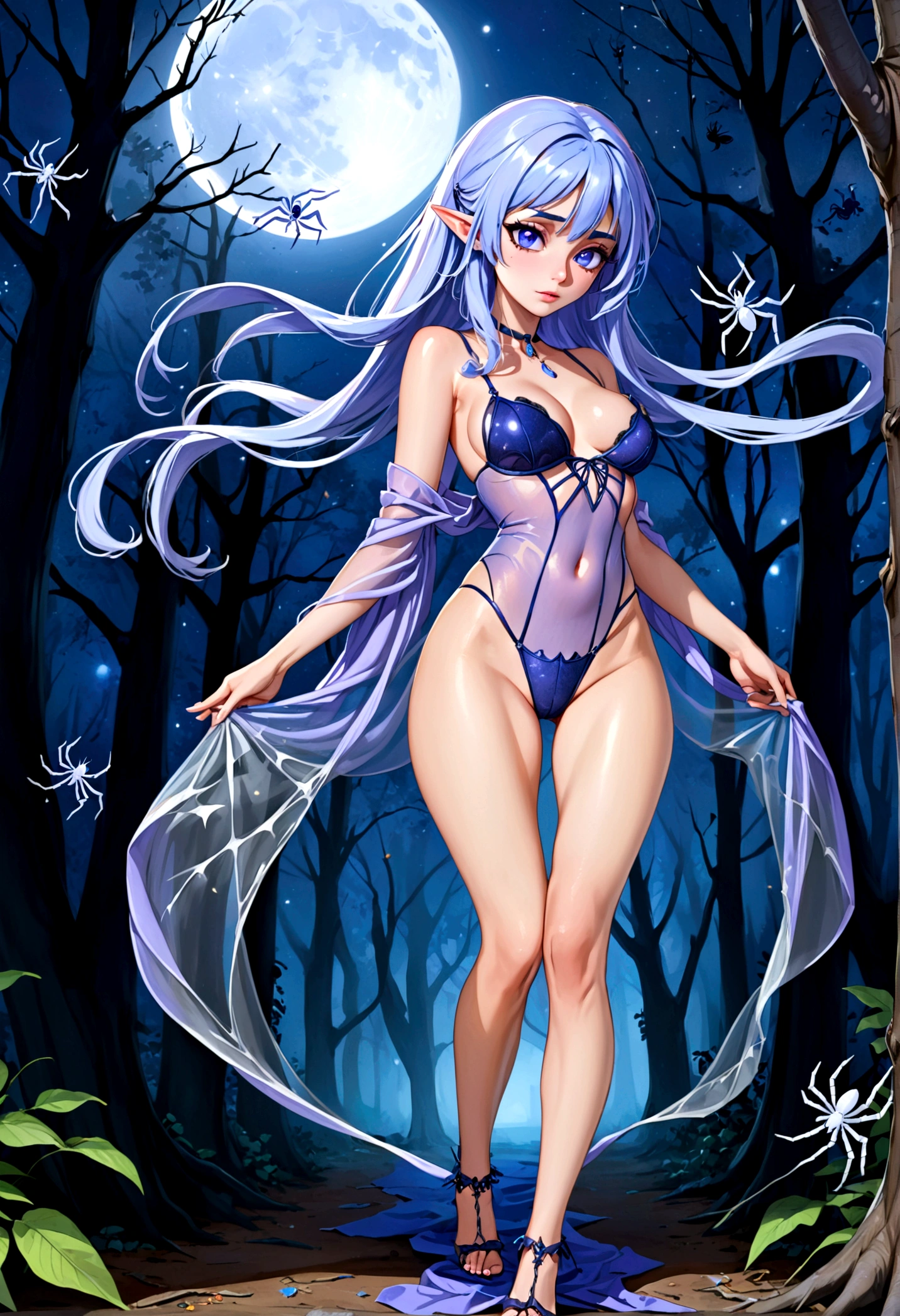 (Seductive nightmare)(Hyper realism)(Realistic fantasy)A moon elf greatly resembling Paris Hilton (age 25, blue skin, violet eyes, silver hair, sheer spider silk lingerie(over exposed), silver body jewelry) is walking through a spider infested haunted woods, webs obscure the moon and carpet the ground. Immense webs and spiders in the tree tops.