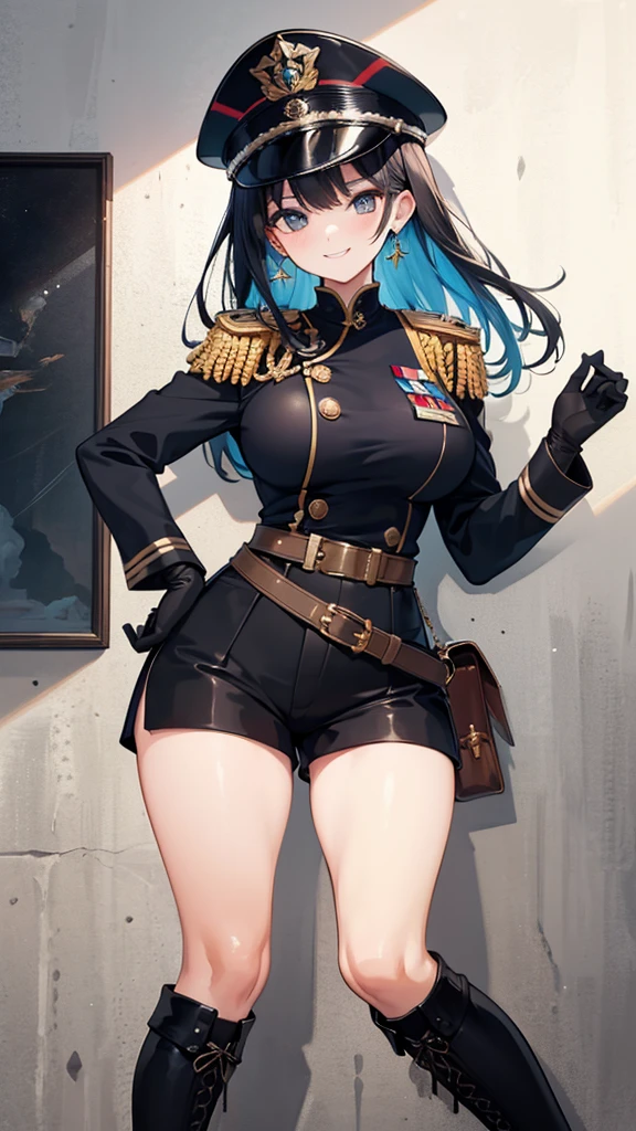(masterpiece),(Highest quality),(Very detailed),(Best illustrations),(Best Shadow),Natural Light,(Detailed Background),(so beautiful)(masterpiece),(Highest quality),(Very detailed),(Best illustrations),(Best Shadow),(Detailed Background),(so beautiful), masterpiece, Highest quality, High resolution,,(masterpiece1.5),super high quality, Super detailed,Perfect drawing,One girl,alone,Large Breasts,Narrow waist, thick thighs black army uniform, Epaulettes, thigh boots, army uniform, army, uniform, belt, Shorts, boots, Earrings, jewelry, gloves, Knee socks, military cap, Wall Don POV, 邪悪なsmile, smile, Evil Face, Mischievous face(Top Gravure Model)(Highest quality,High resolution,masterpiece:1.2),Super detailed,Vibrant colors,View here,Beautiful Woman、Beautiful shiny skin,完璧なBeautiful Woman
