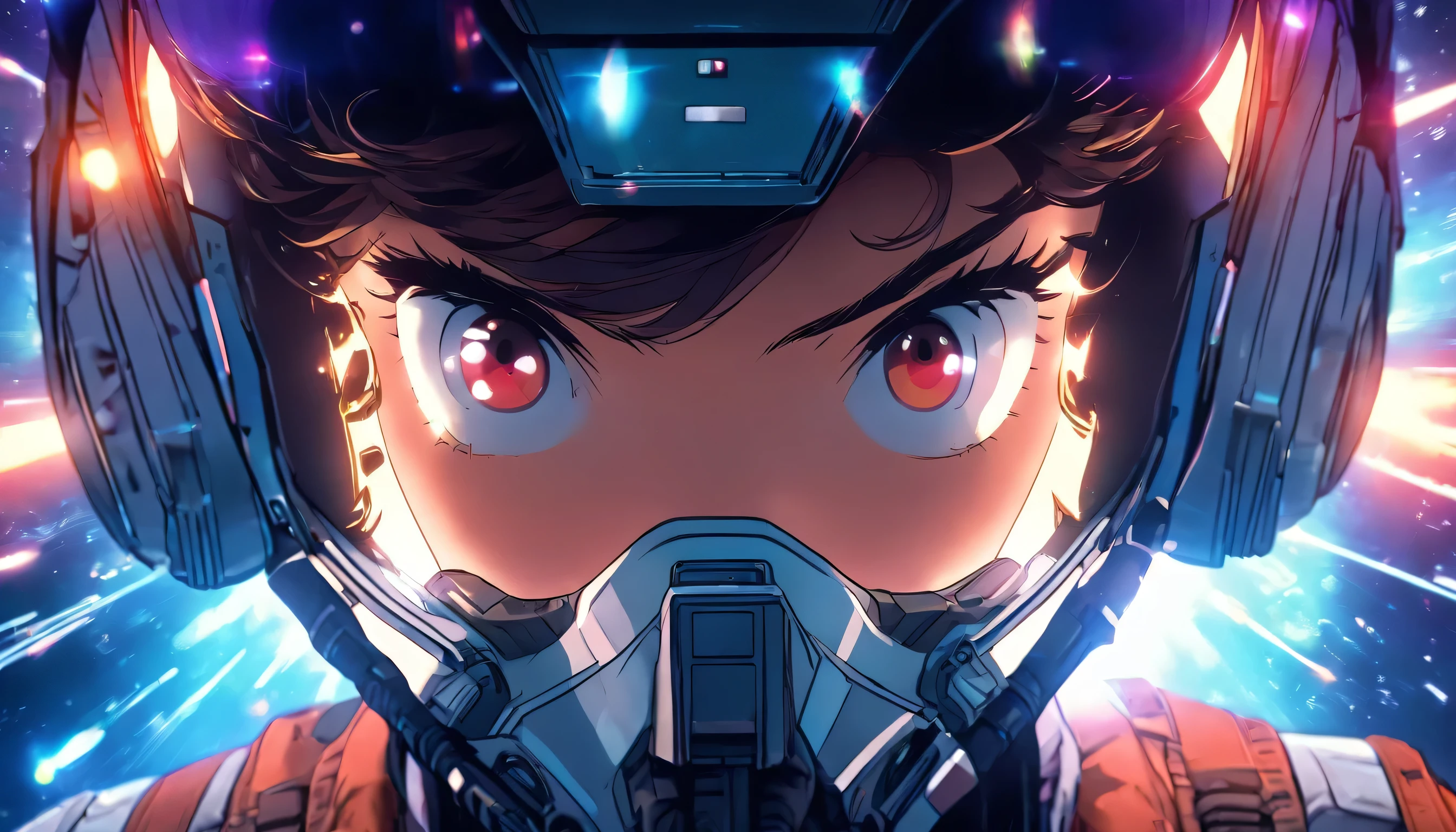 Sci-fi image, intricately detailed photograph of a woman starfighter pilot, advanced technology, cockpit view, holographic glow, light particles, x-wing, hyper detailed, high resolution, high definition, anime style