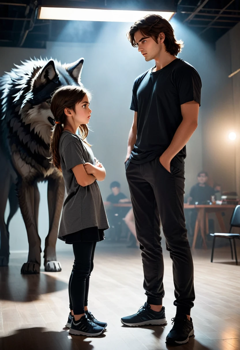create an image of:A girl and a boy in a giant room that looks like a training room for people, some in the distance training their aim with weapons, others are fighting hand-to-hand and others are talking.. while the boy on the left wears a dark t-shirt.
The girl on the right is wearing a light short-sleeved t-shirt and dark pants. The room is illuminated by light lights and flashes., possibly from spotlights or stage lights The boy is standing in front of the girl, leaning slightly towards her.
Holds his chin with one hand, like he&#39;s deeply focused on what she&#39;s saying.
Your expression is intrigued or thoughtful, and his eyes are fixed on hers.
The girl is also standing, with a relaxed but attentive posture.
His arms are at his sides, and his gaze seems to be evaluating the boy.
The atmosphere between them is tense., as if they were in the middle of an important conversation.
The girl has long hair, black and smooth that falls softly on your hips. His eyes are a deep gray as if they contain secrets and mysteries.. His nose is turned up and cute. The boy, On the other hand, He has brown hair that frames his face.. His eyes are an intense amber, evoking the fierce gaze of a wolf in the night. his nose is thin and his jaw is tense