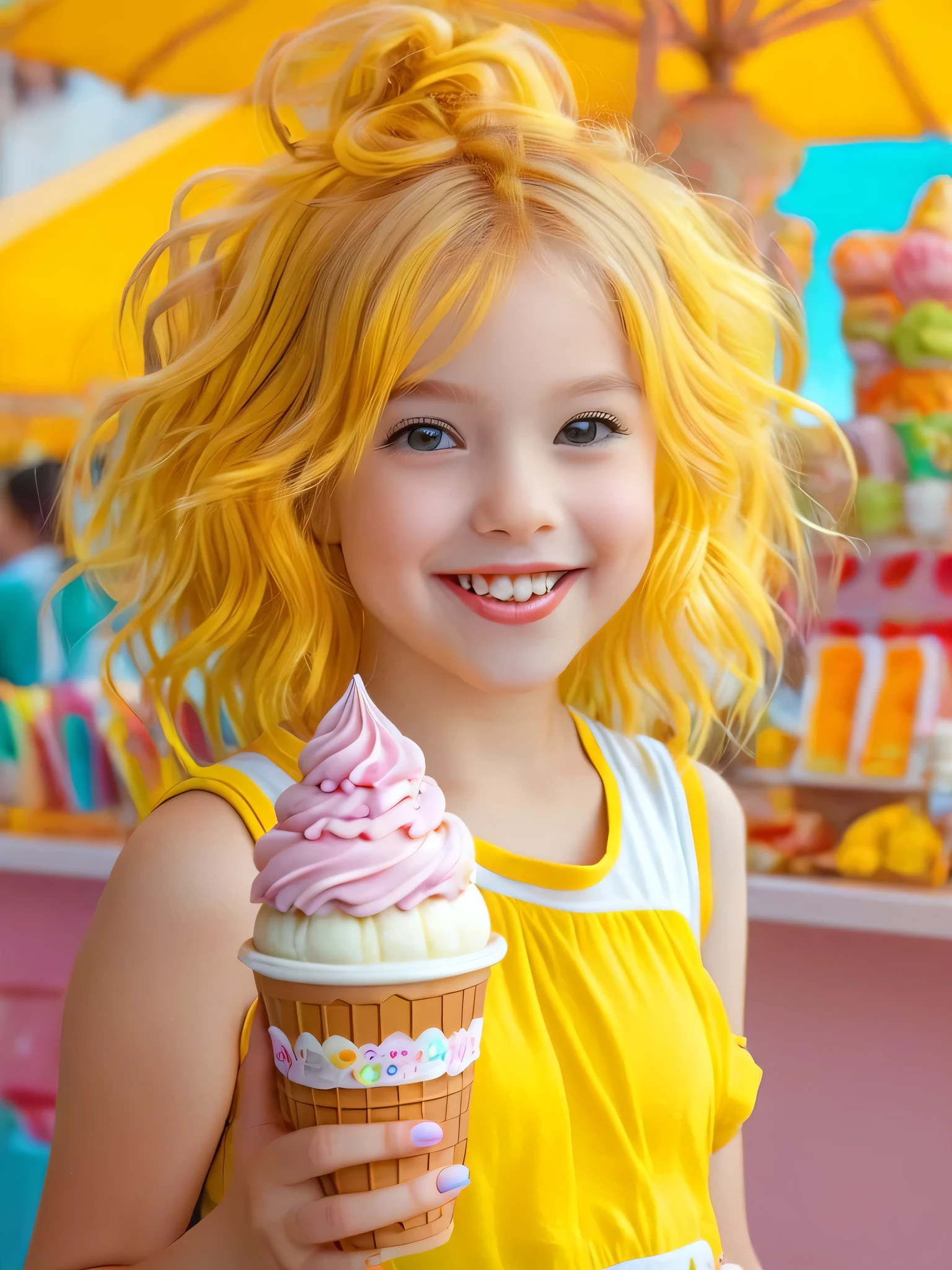chibi style masterpiece,best quality,bellissima,1girl, solo, gray eyes, half body, yellow hair, cute, adorable, bright colors, cheerful, highly detailed, smile, icecream Cup