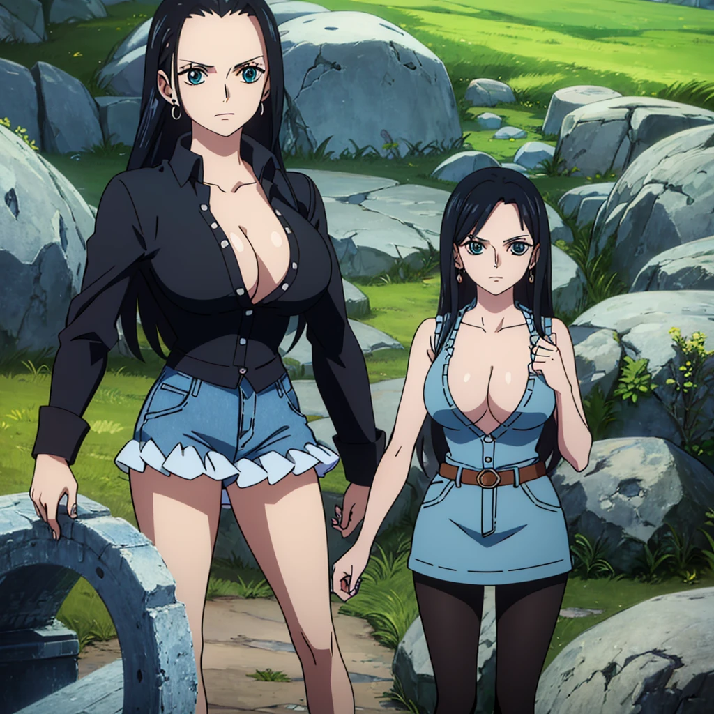 (Best quality, 8k, high resolution, masterpiece:1.2), Ultra detailed, Anime art style, Fine details, Dynamic angles, Black Hair, Big breasts,20s women's style, mature women, glamour,Beautiful character design, Perfect eyes, Perfect face, Expressive eyes, Perfect balance, (Earrings, Jewelry, Denim Dress, Open Vest, Black Pantyhose, Black Shirt, Denim Skirt), Looking at viewer, In the center of the image, Cowboy shot, ((standing)) alone (((no nudity)))) wearing knot on her chest shirt