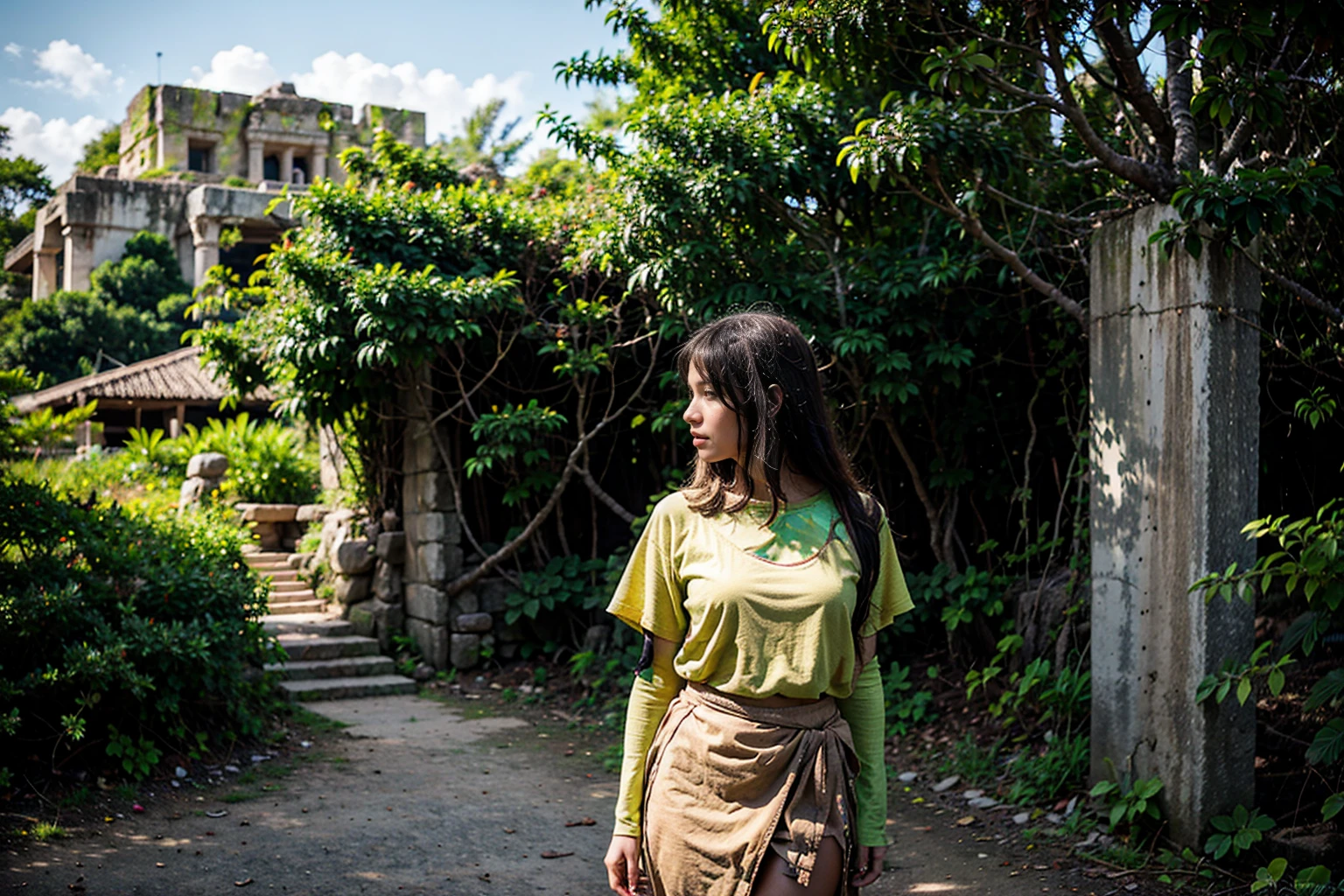 Adobe Firefly Prompt: A woman, yellow shirt, portrait shot of the picture 20 mm short 4K + 8k beautiful place fully digital lightPhotography, shot taken with a Nikon D850 with a 35mm lens of a 35year old female jungle explorer dressed in traditional cloths, emerging from the jungle into a open tropical plain with a Mayan temple ruin in the distance. --ar 3:2 --v 5