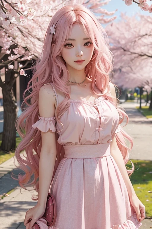 Beautiful woman with long, wavy light pink wavy hair, shimmering pink skirt, lolita, cherry blossom trees