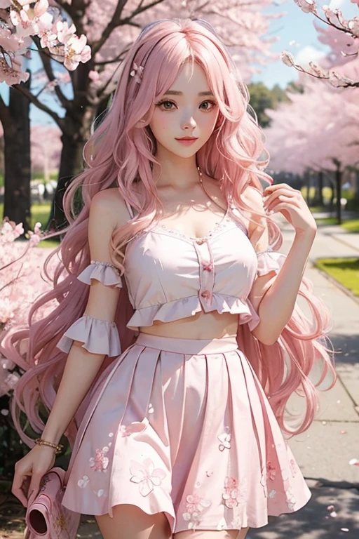 Beautiful woman with long, wavy light pink wavy hair, shimmering pink skirt, lolita, cherry blossom trees