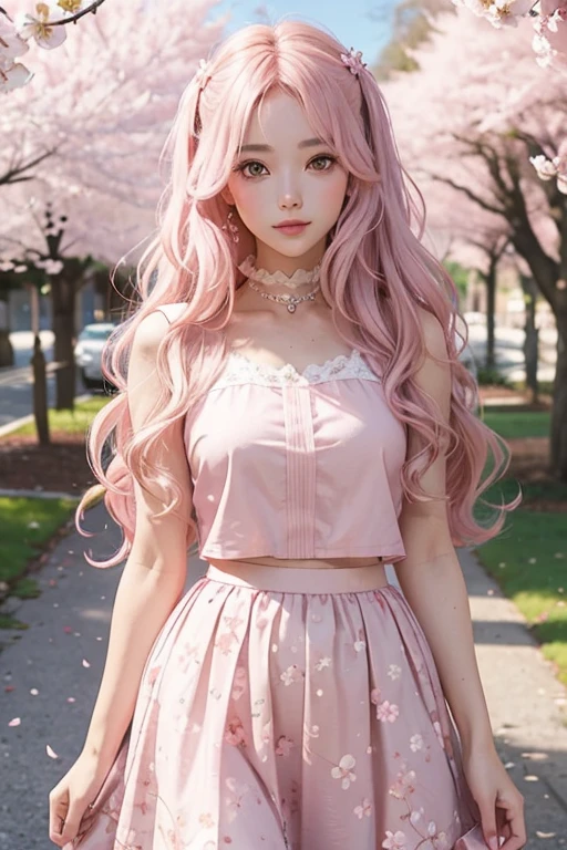 Beautiful woman with long, wavy light pink wavy hair, shimmering pink skirt, lolita, cherry blossom trees