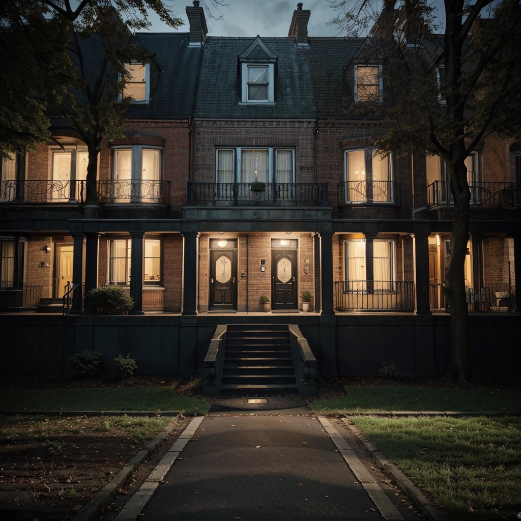 A picture of the O block with its typical buildings. The picture should look spooky because of the darkness and it should be usable as a background image. However, try to make it recognizable that it is the Parkway Gardens by adding some park and the houses should have the typical red brick and the typical oval shape.