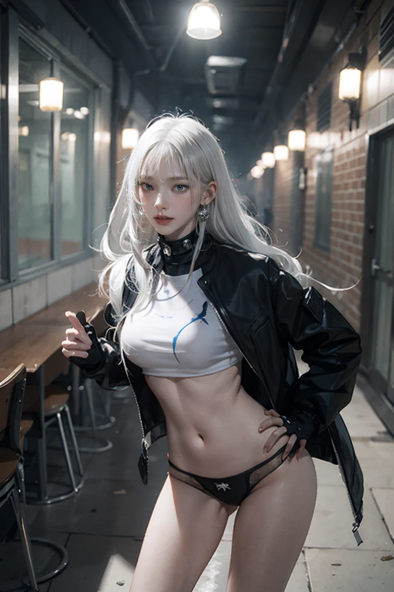 (masterpiece), Highest quality, Expressive eyes, Perfect Face, High resolution, One girl, alone, Gray Hair, Jacket, Ahoge, Fingerless gloves, abdomen, panties, Crack, Put your hands on your hips, Leaning forward, smile, Fantasy Background, particle, magic, Are standing,Cowboy Shot, Looking at the audience, from the front,night, Abandoned city,(NSFW:1.0),(Long white hair)