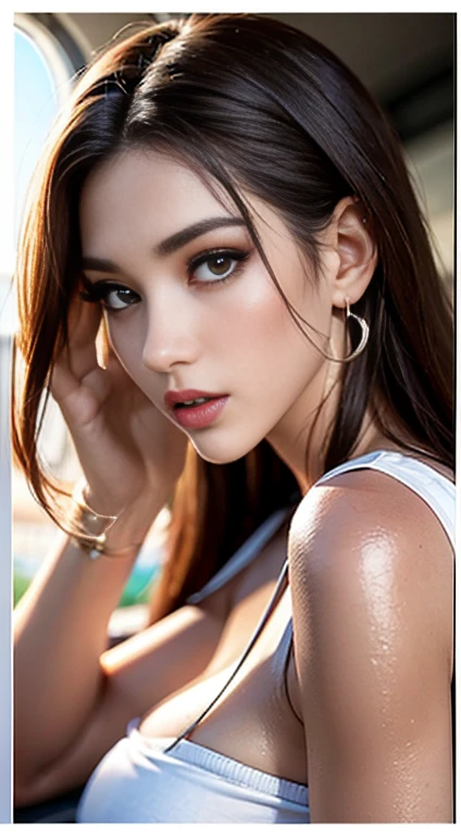 (8K High Resolution), (Highest quality), (RAW Image Quality),(Tabletop:1.2), (Realistic), (Realistic:1.37), ,Large Eyes,Long eyelashes,（Live-action realistic style）,The ultimate face,Realistic light and shadow,Distinct facial features,,Dark skin, ）,(The ultimate face,Extraordinary beauty),Best Portrait, One girl,Beautiful attention to detail,Highly detailed skin,(Beautiful face with double eyelids), (realism: 1.4),((Full body image)) ,Delicate and beautiful face,,Female about 20 years old,(Beautiful Face 1.4),The length of the hair is very short.,((African  in uniform)),(Red lipstick,Discomfort around the eyes,Earrings Beautiful),((Taken inside an airplane)),(Are standing,Without skirt),(Flight attendant uniform)),Red lipstick,Discomfort around the eyes,(Flight attendants in uniform),,(cowboy shot standing),Shoot from the front,,Close-range shooting,I can see her cleavage,(((Bring your audience the best smile))),片手を腰に当ててポーズをとるInfinite Orgasm、Infinite Orgasm、Infinite Strip、
