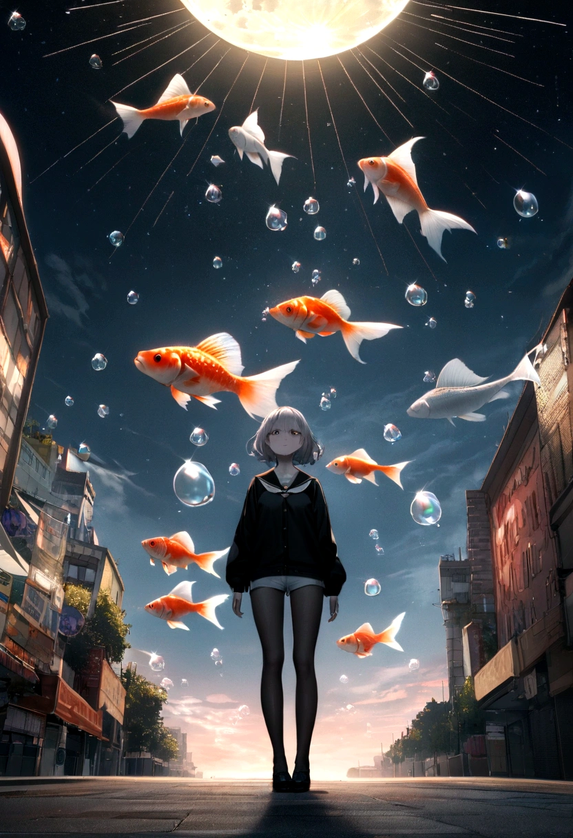 (woman\(student, 15 years old, JK, short hair, Silver Hair, Floating Hair, Space-colored eyes, Black sailor suit\(Of high school\), Pale skin, Tired face, No shine in the eyes\) Looking up at the sky), (Many goldfish are swimming in the air), Beautiful sky, Beautiful Clouds, Colorful summer flowers are blooming everywhere., (Transparent bubbles shine like prisms here and there in the sky), The midday moon and the midday star shine in the sky, woman is at messy downtown, break ,quality\(8K,非常に精細なCGユニットのwallpaper, masterpiece,High resolution,top-quality,top-quality real texture skin,Surreal,Increase the resolution,RAW Photos,最高quality,Very detailed,wallpaper,Cinema Lighting,Ray-tracing,Golden Ratio\),(Long Shot),Wide Shot,